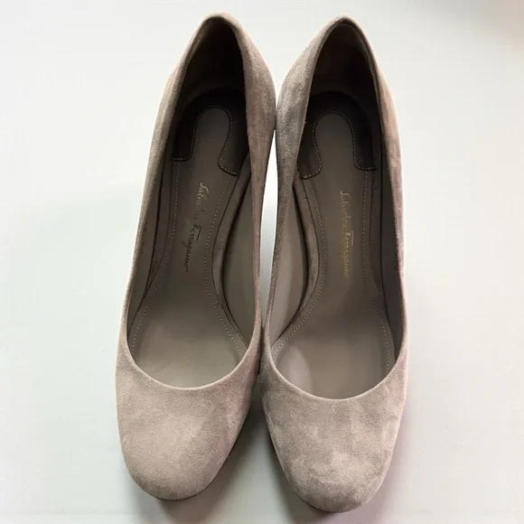 Ferragamo Lucca 85 Gray Suede Metallic Heels
